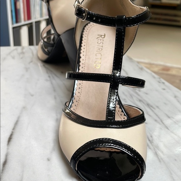 Restricted Cream and Black T-Strap Heels - Picture 7 of 12